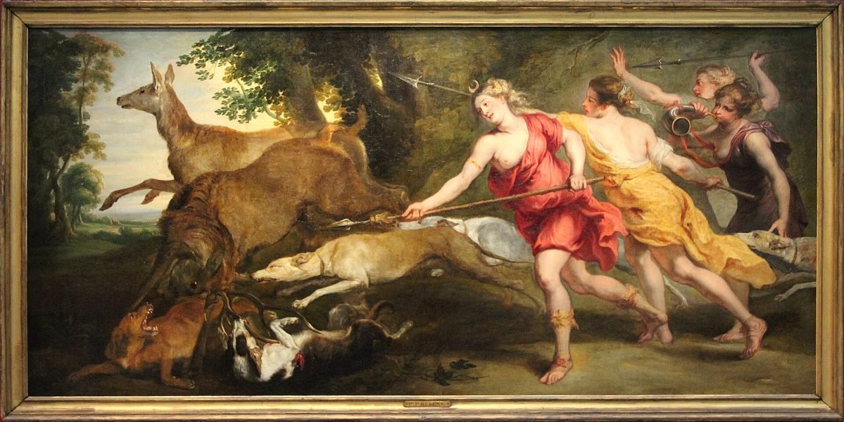 Diane chasseresse et ses nymphes, huile sur toile de Pierre Paul Rubens réalisée  (1636-1639) sur commande de Philippe IV d'Espagne pour son pavillon de chasse. - Œuvre faisant partie d’une collection particulière de Madrid, photographiée lors de l'exposition temporaire « L'Europe de Rubens » au Musée du Louvre-Lens.